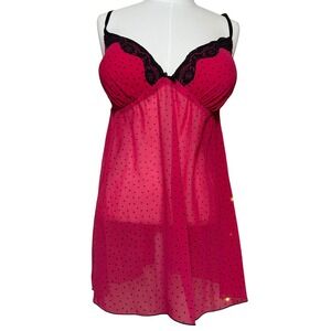 Y2K Hot Pink Black Polka Dot Lace Babydoll Chemise Lingerie Tank Top Bow L